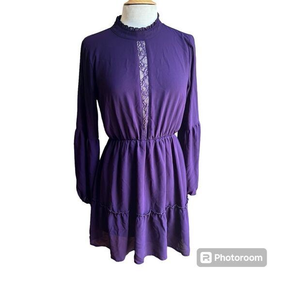 Purple Small Mock Neck Long Sleeve Tiered Keyhole Closure Lace Detail Mini Dress - Picture 1 of 5